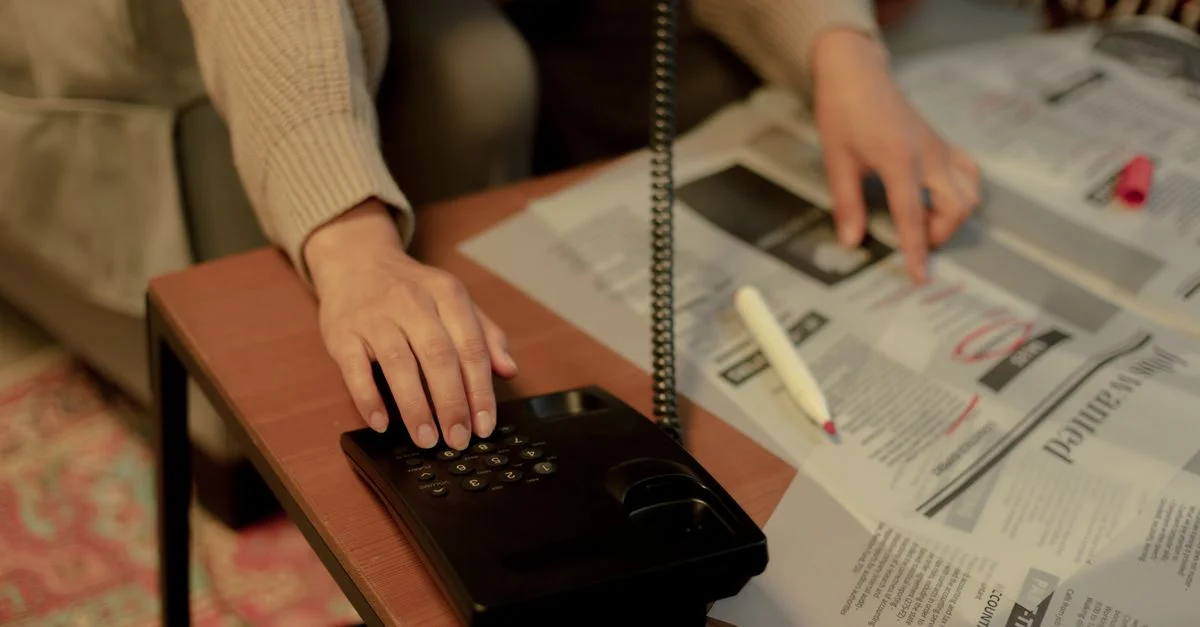 Femme utilisant un téléphone fixe et un journal pour chercher un emploi, soulignant la vie domestique.