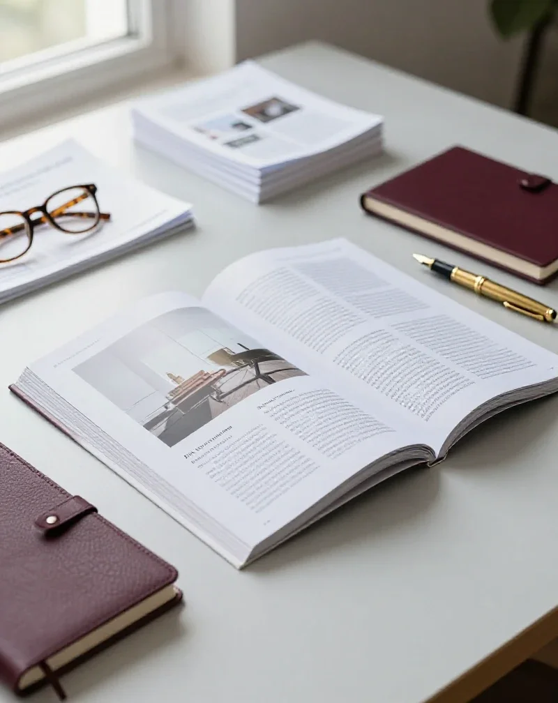 Magazine ouvert et dossiers de presse illustrant l'étendue des sujets d'une publication généraliste.